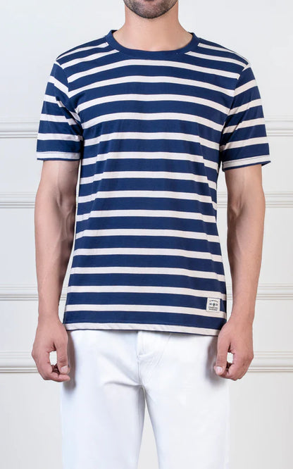 Yarn-dyed striped beige navy T-shirt