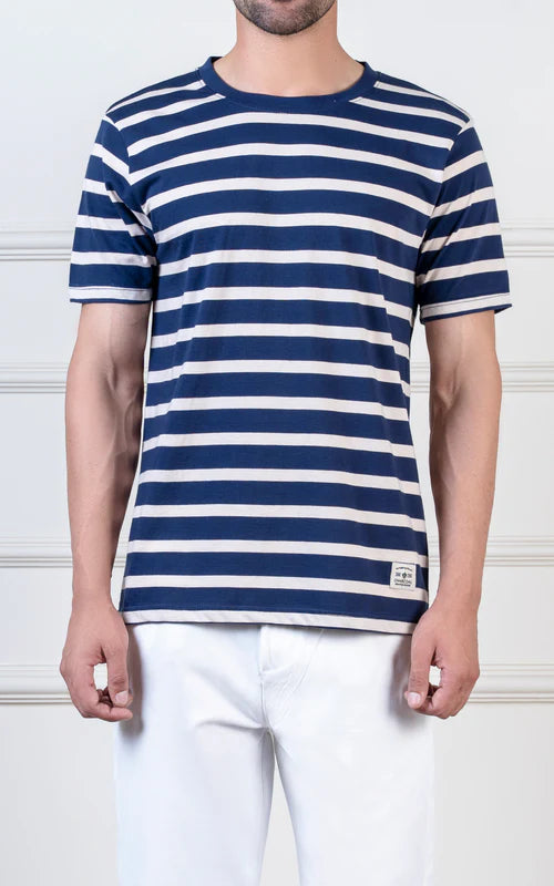Yarn-dyed striped beige navy T-shirt