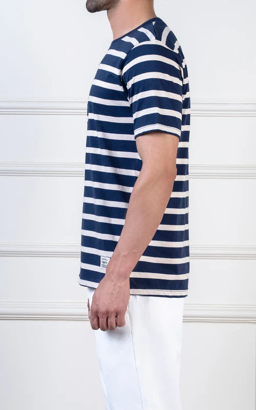 Yarn-dyed striped beige navy T-shirt