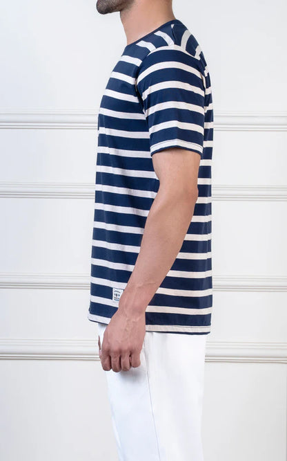 Yarn-dyed striped beige navy T-shirt