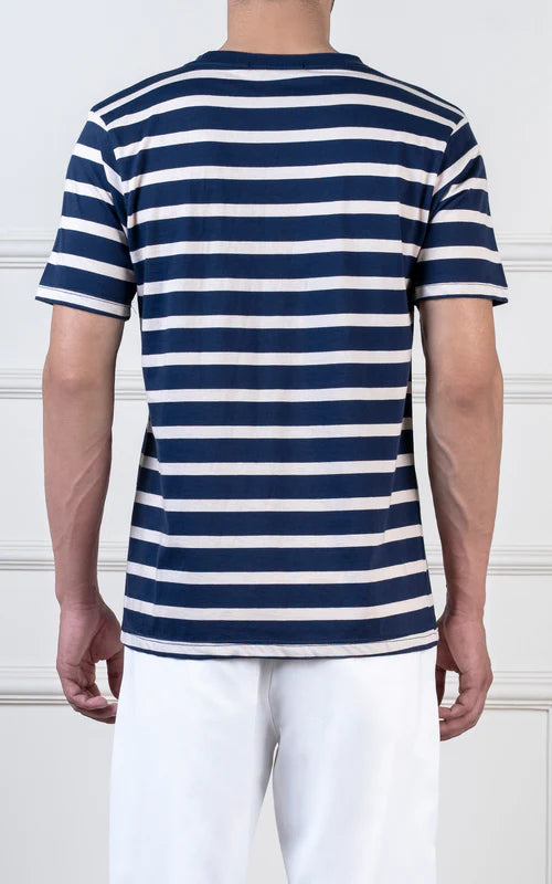 Yarn-dyed striped beige navy T-shirt