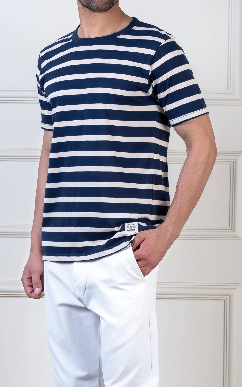 Yarn-dyed striped beige navy T-shirt