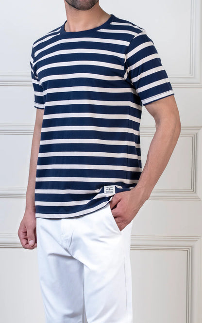 Yarn-dyed striped beige navy T-shirt